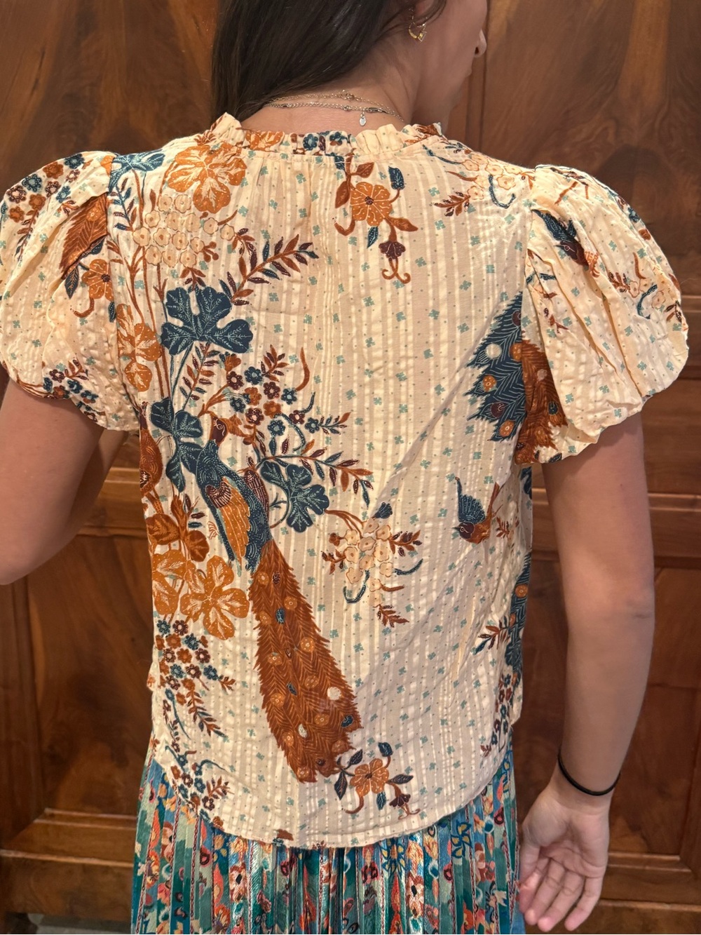 Ulla Johnson Cream Blouse with Teal and Rust Peacock Print - Picture 2 of 5
